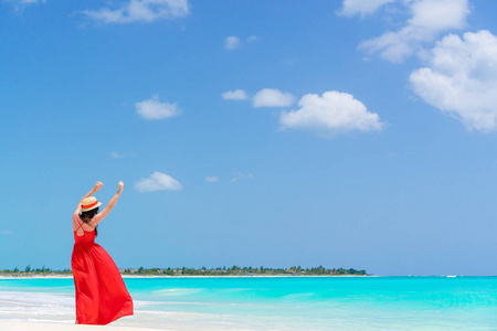 在热带海滩度假期间戴帽子的年轻女子。愉快的女孩的后面看法享受她的假日