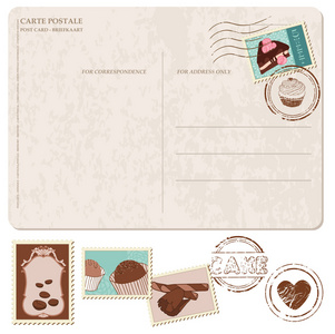 旧明信片上的一套纸杯蛋糕，并附有设计和sc邮票