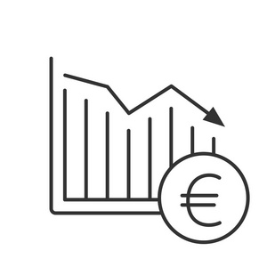 欧元下降线性图标。统计图表与欧洲货币标志。细折线图。金融崩溃。轮廓符号。矢量隔离轮廓图