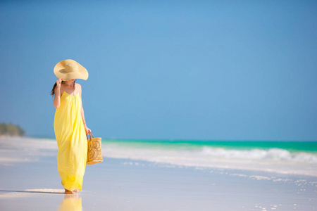 年轻女子在热带沙滩假期的帽子