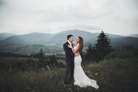 美丽婚礼情侣接吻和拥抱附近山与完美的视图