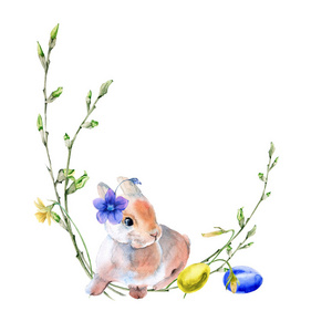复活节花圈的花朵和树枝与复活节彩蛋和兔子。在白色背景上隔离