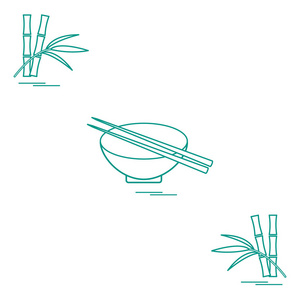 程式化图标，用筷子和竹碗。亚洲食品 res