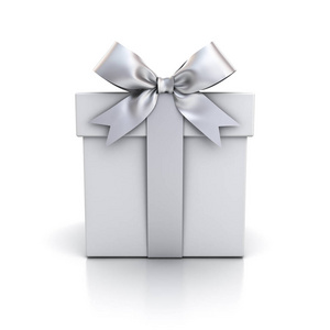 礼品盒, 带银色缎带蝴蝶结的礼物盒在白色背景与反射隔绝了