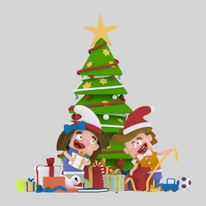 孩子们在圣诞树前打开礼物 3 d 插图