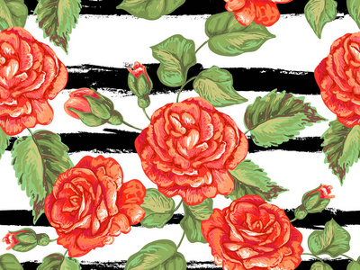 无缝模式与玫瑰。玫瑰花设计矢量背景