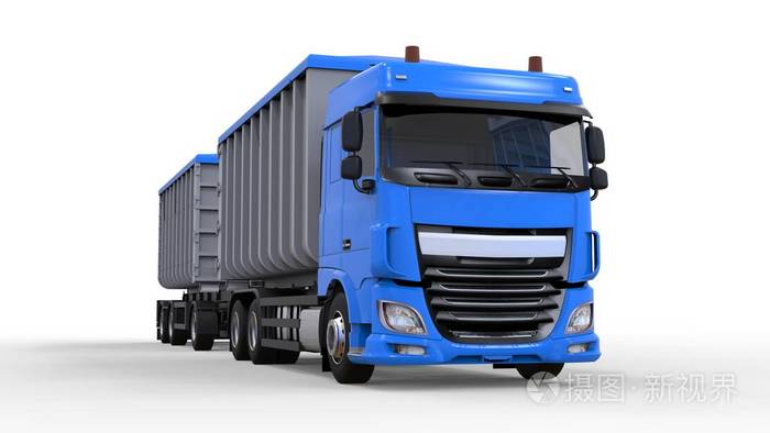 大蓝色卡车与分开的拖车, 为运输农业和大厦散装材料和产品.3d 渲染