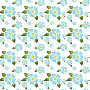 在白色背景装饰, 布料, 包装纸, 背景, 纺织品的大和小花与蓝色花瓣和绿色叶子的无缝样式