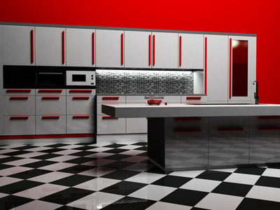 现代厨房内部白色和红色
