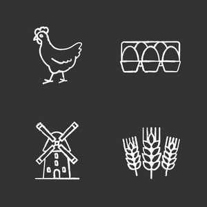 农业粉笔图标设置。农业.鸡, 蛋盘, 风车, 麦子耳朵。孤立矢量黑板插图