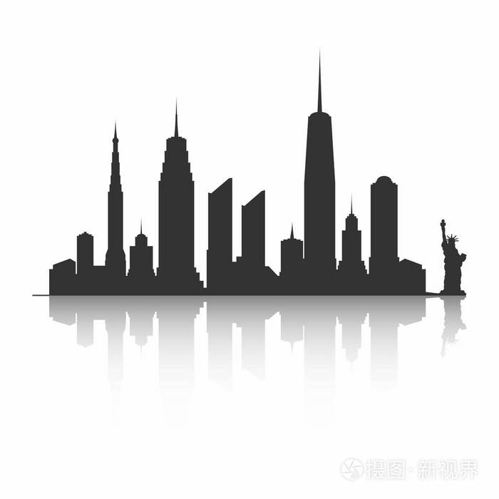 纽约市天际线剪影.摩天大楼和自由女神像