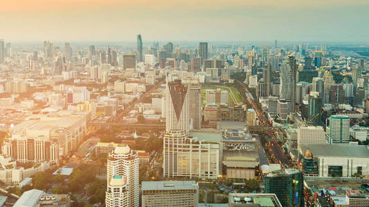 鸟瞰曼谷中央商业区地平线, 城市背景, 泰国