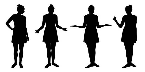 站在不同姿势的年轻女性的现实剪影集, 在白色背景矢量隔离
