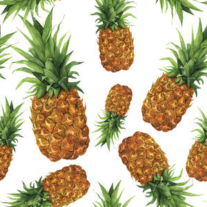 水彩菠萝无缝花纹。手绘热带水果, 叶子在白色背景上被隔绝。设计或印刷的食品植物插图