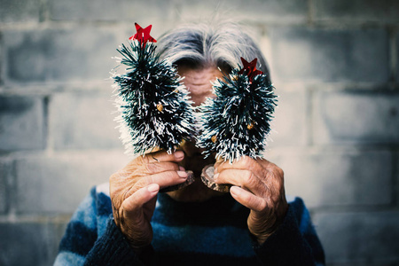 快乐的老妇人抱着小松树, 圣诞快乐, 新年幸福的概念, 选择和软重点