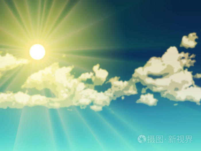 矢量黄太阳的光效应.太阳与射线在天空与云彩