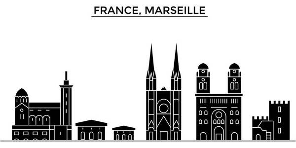 法国，马赛建筑矢量城市天际线 旅游地标 建筑物 孤立的目光投向背景的城市风光