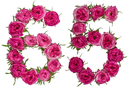 阿拉伯数字 65, 六十五, 从红色的玫瑰花, 隔离