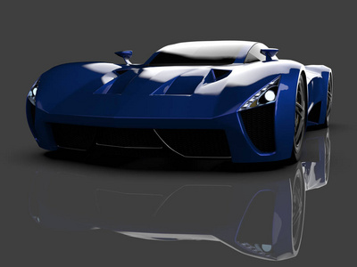 蓝色赛车概念车。在灰色光泽的背景下的汽车的形象。3d 渲染
