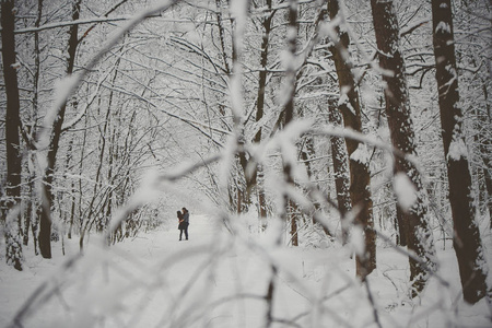 年轻情侣在冰冷的森林里接吻