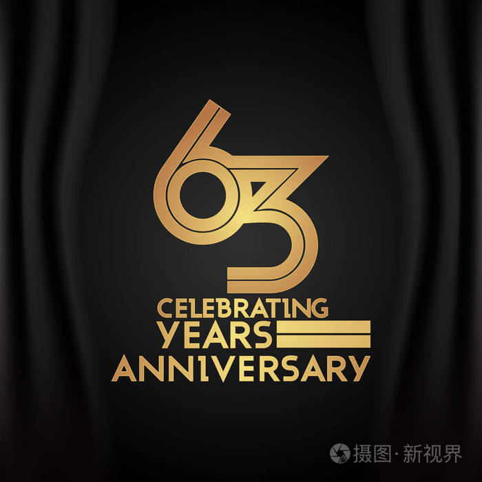 63年周年纪念标识与金黄多线性数字, 矢量例证在黑背景