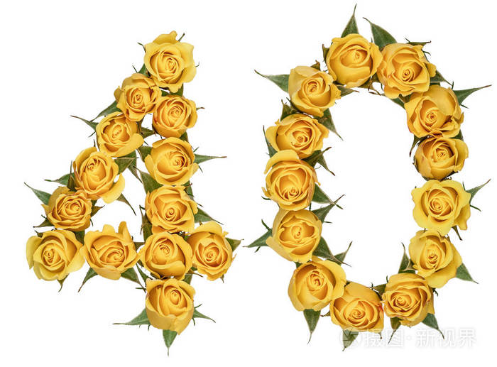 阿拉伯数字40四十从黄色的玫瑰花孤立