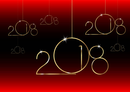 2018快乐的新年与金色的质感圣诞球, 镀金金属, 矢量孤立或黑色和红色背景
