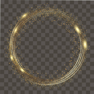 抽象圆形发光灯和金色闪烁在透明的背景。矢量