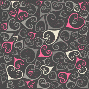 无缝模式的灰色和粉红色的手绘制程式化的心, 在黑色的背景下蓬勃发展。概念为情人节在2月14日或婚礼