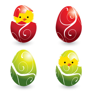 五颜六色的复活节彩蛋和孵化小鸡