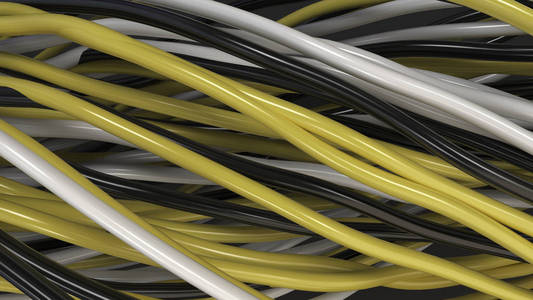黑色表面的黑色, 白色和黄色的电缆和电线扭曲