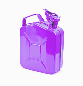 白色背景的紫色 jerrycan。汽油罐, 模具