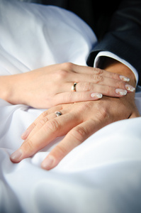 接近白种人夫妇手里拿着结婚戒指