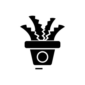 植物在锅里办公室仙人掌图标，矢量图中，黑色标志上孤立的背景