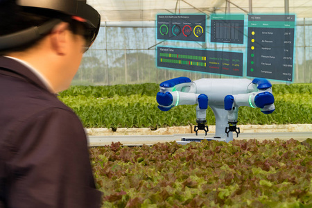 智能工业机器人4.0 农业概念, 农学, 农民 模糊 使用智能眼镜 增强混合虚拟现实, 人工智能技术, 以监测自主机器人