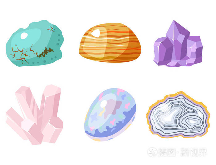 半宝石宝石和矿物石分离骰子彩色闪亮的水晶矢量插图