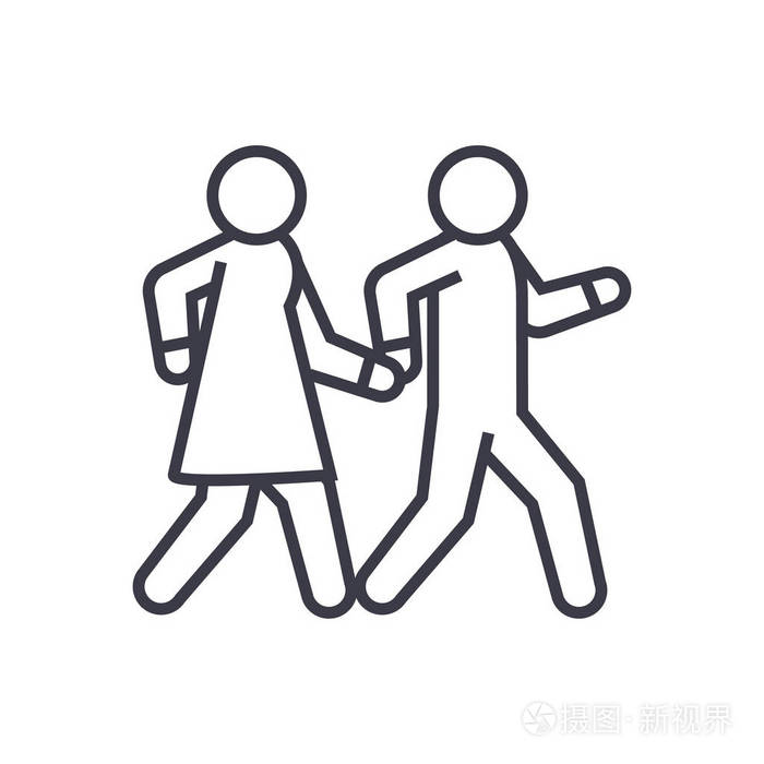 夫妇走在一起手拉手线性图标标志符号矢量在孤立的背景