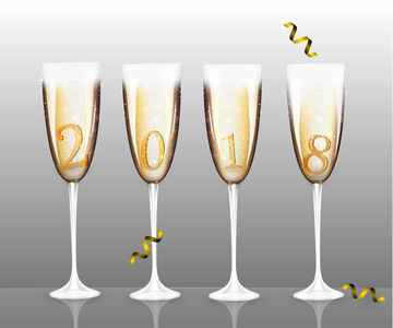 矢量新年横幅与四不同的孤立的香槟眼镜圣诞节设计模板