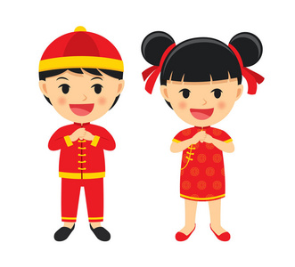 中国新年快乐的男孩和女孩在传统衣裳名人
