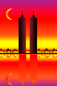 日落时两座摩天大楼的剪影