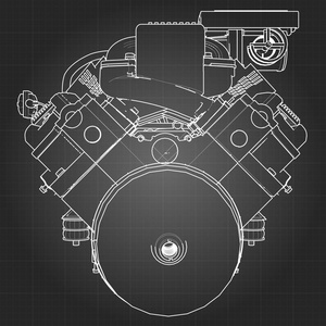 强大的 V8 汽车发动机。在笼子里的黑色床单上用白线画引擎