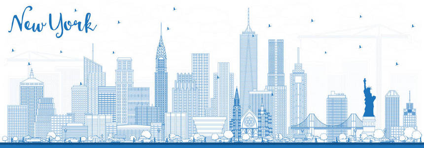 与蓝色建筑物轮廓纽约美国天际线