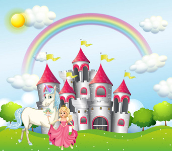 背景场面与公主和麒麟在桃红色城堡