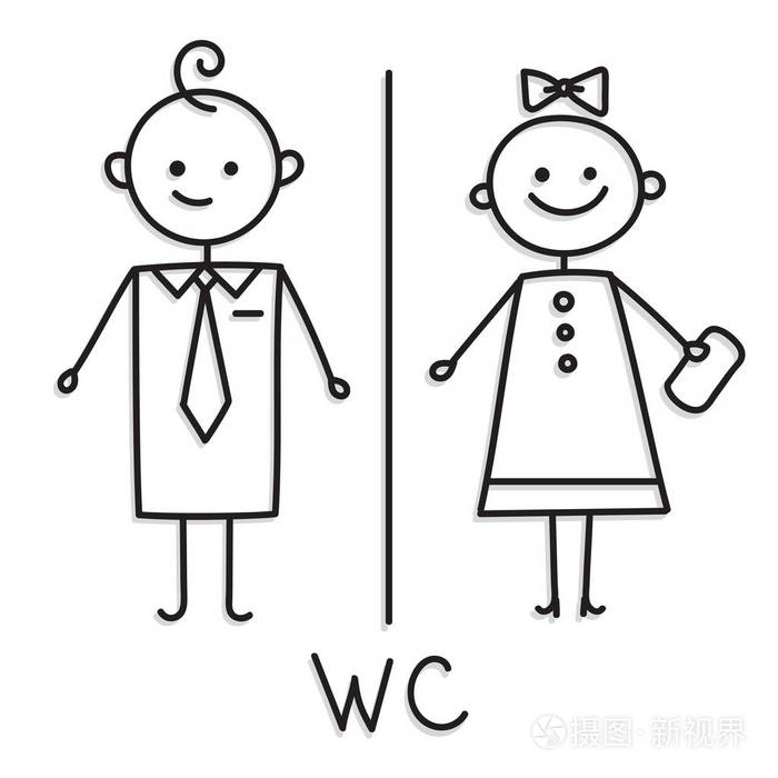 卫生间门板图标.浴室盘子男人和女人卫生间的标志.白板上的矢量草图