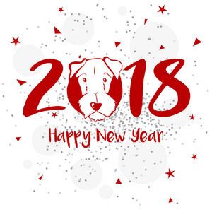 新年快乐。2018与狗头。矢量背景。贺卡海报横幅和传单的设计