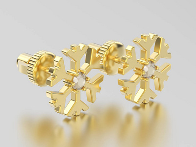 3d 插图黄色金色钻石雪花耳环