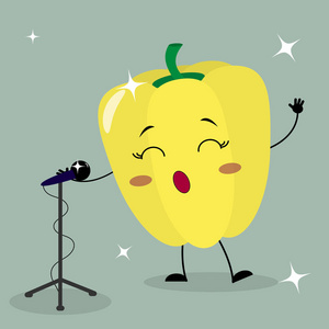 逗人喜爱的黄色胡椒微笑在卡通样式唱歌入话筒