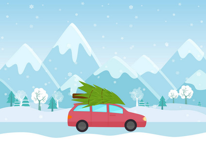 汽车矢量图与一棵圣诞树在屋顶上的山脉背景