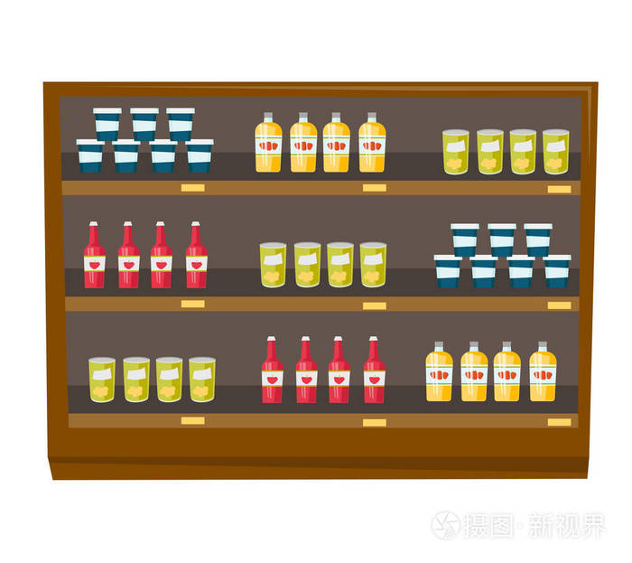杂货商店货架与产品矢量卡通