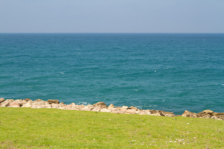 自然背景的绿草和蓝色的大海